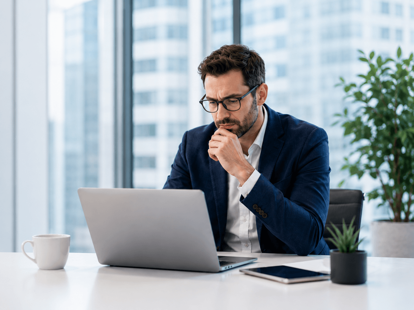 Un professionnel travaille à son ordinateur, entouré de tâches manuelles dispersées : données à copier, suivis à faire, rapports à compiler, information dispersée et systèmes non connectés.